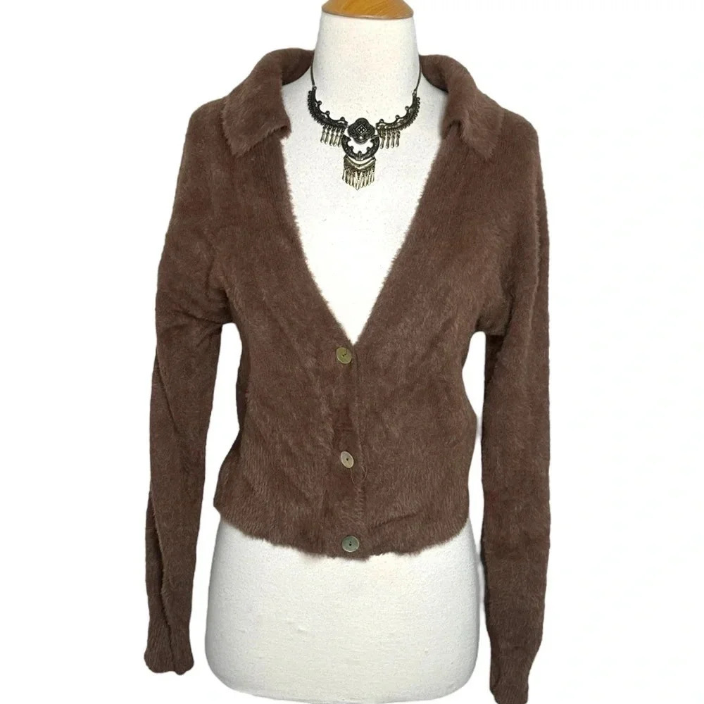 Pink Rose Cardigan Sweater S Brown Fuzzy Eyelash Knit Collared Cropped V-Neck